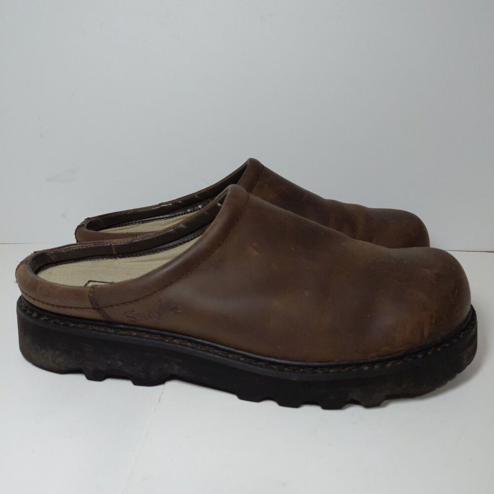 Simple Clogs Brown Full Grain Leather Slip On Shoes Womens Sz 9.5 90s Y2K